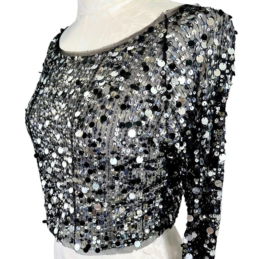 havenbleu Black Sheer Silver Sequin Cropped Long Sleeve Top Small - Picture 7 of 14